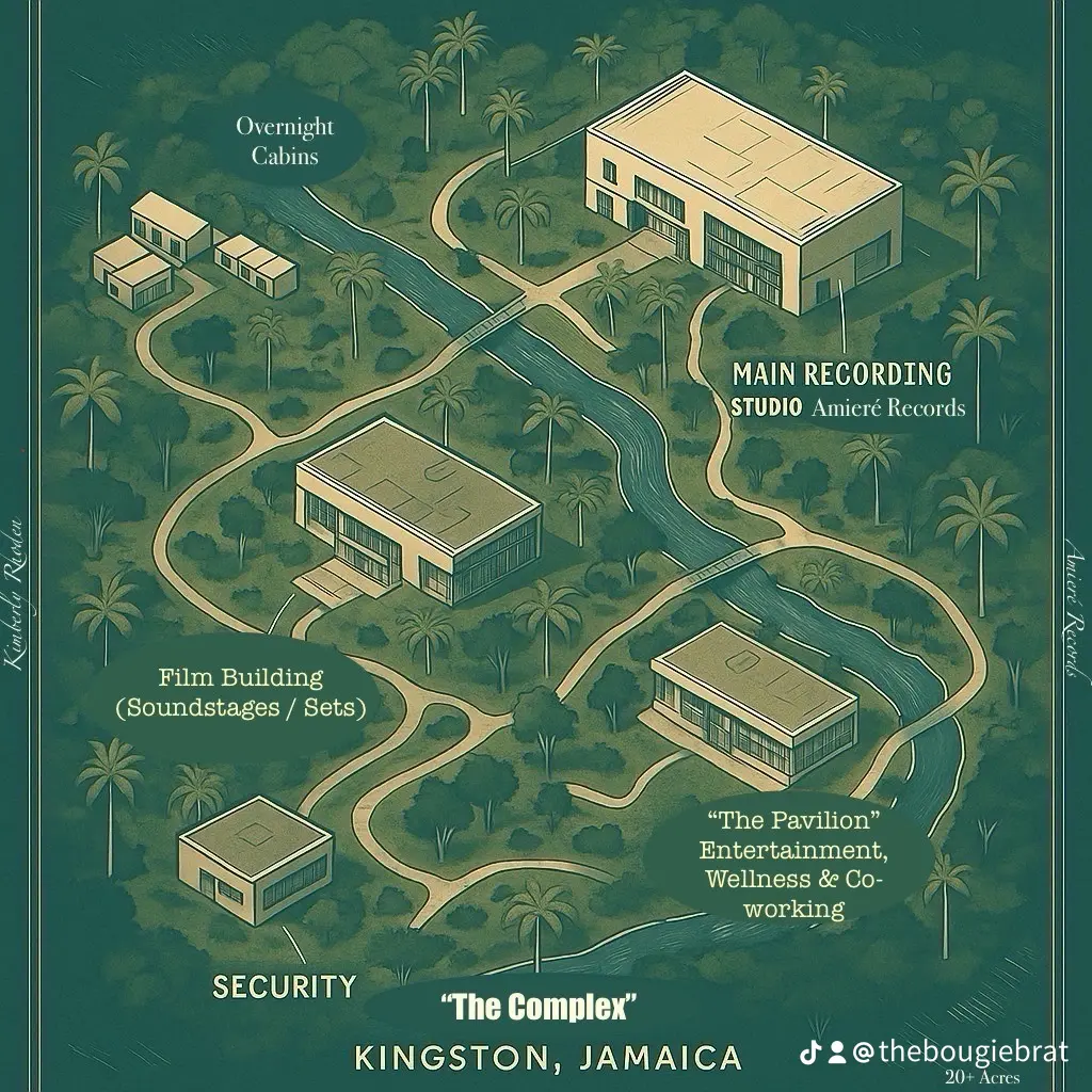 Illustrated site map of The Complex — Kingston, Jamaica showing Main Recording Studio, Film Building, Pavilion, Overnight Cabins and Security across 20+ acres